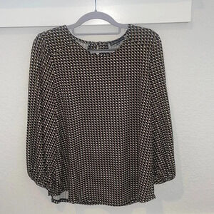 Adrianna Papell Long Sleeved Black & Brown Print Blouse Top Size M
